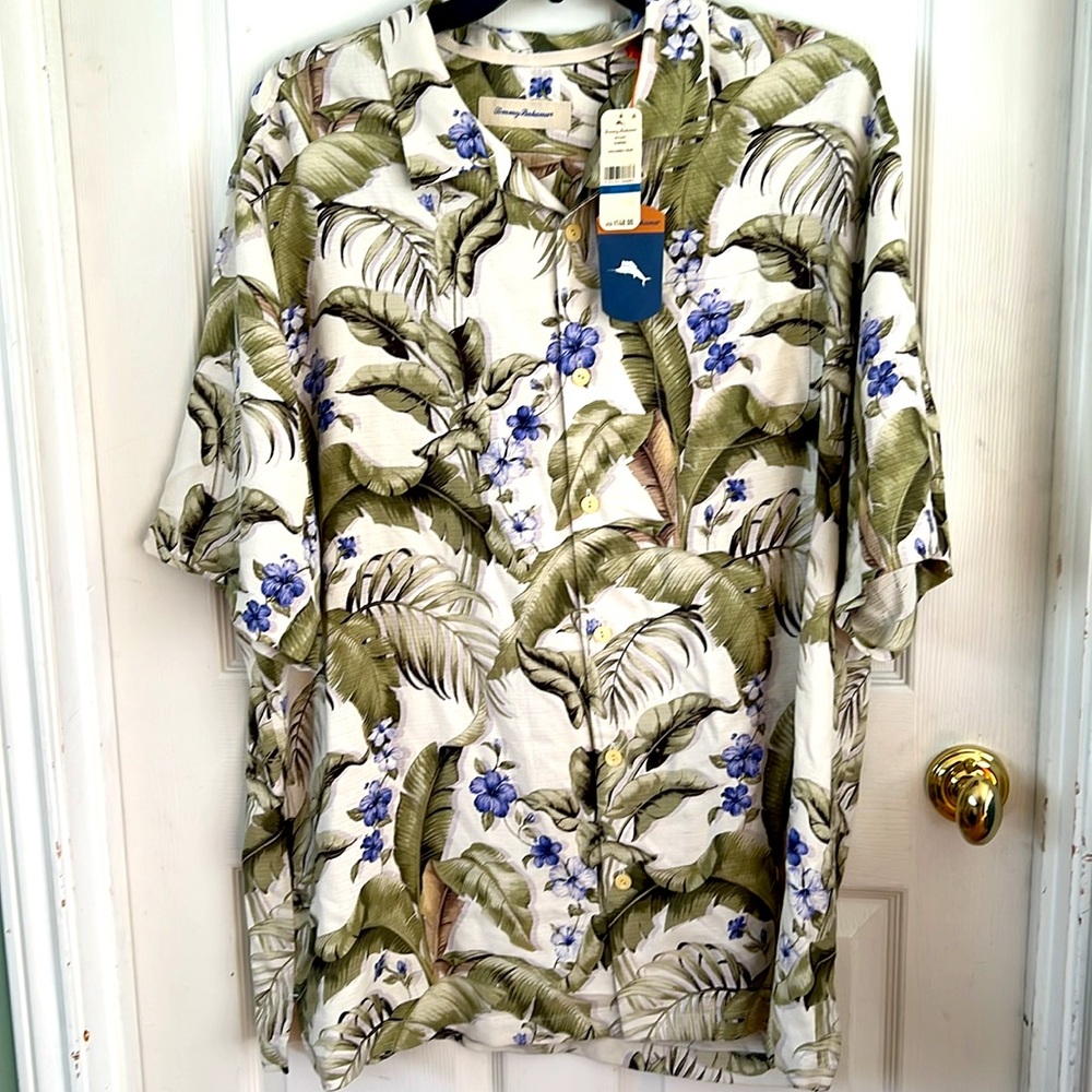 New with tags Tommy. Bahama 100% silk camp shirt in Extra Large Tall size.